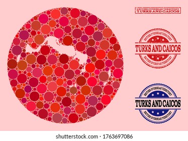 Vector map of Turks and Caicos Islands mosaic of spheric elements and red grunge seal stamp. Hole circle map of Turks and Caicos Islands collage formed with circles in different sizes,