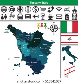 Vector map of Tuscany with regions and location on Italy map