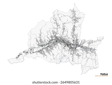Vector map of Tuzla, Bosnia and Herzegovina, detailing highways, buildings, and waterways. Shows the city's complex infrastructure and urban layout.
