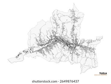 Vector map of Tuzla, Bosnia and Herzegovina. Shows the city's highways and buildings in detail, providing a comprehensive overview of its urban and natural features.