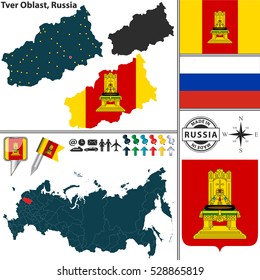 Vector map of Tver Oblast with coat of arms and location on Russian map