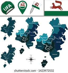 Vector map of Ufa, Russia with named districts. There is variation of map where districts are signed in original russian language