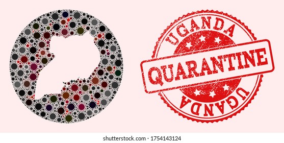 Vector map of Uganda mosaic of covid-2019 virus and red grunge quarantine seal stamp. Infection cells around the quarantine territory from out space.