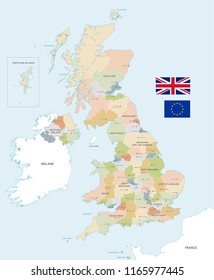 Vector Map of the UK with Administrative borders, City and Region Names and international bordering countries in soft colors palette