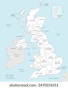 Vector map of UK with administrative divisions, and neighbouring countries. Editable and clearly labeled layers.