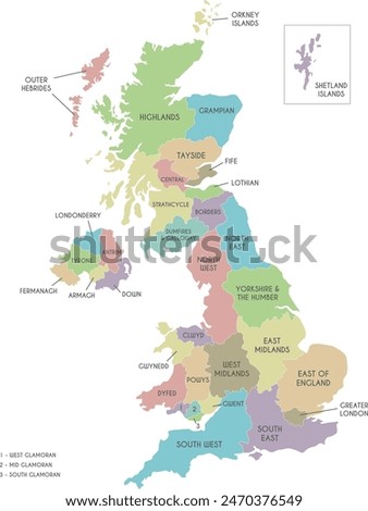 Vector map of UK with administrative divisions. Editable and clearly labeled layers.