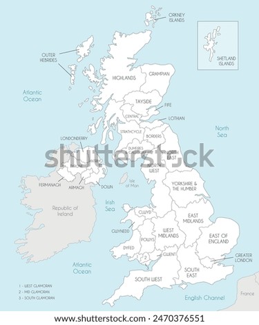 Vector map of UK with administrative divisions, and neighbouring countries. Editable and clearly labeled layers.