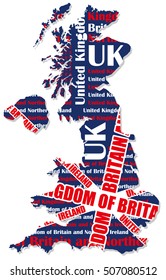 A vector map of the UK composed of the country name and the colors of the national flag. 