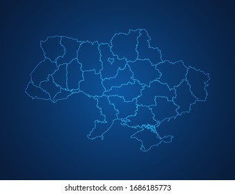 Vector map of Ukraine abstract blue line scales on dark background.