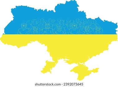Vector map of Ukraine in blue and yellow national colors filled with a large group of cyclists. Symbolic artwork representing unity, strength, determination, and patriotic identity through mass road 