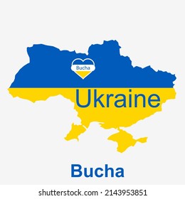 Vektorplan der Ukraine mit Bucha City, Kyivska Oblast im Herzen mit blauen und gelben Farben. Kunstplan für jede dekorative Verwendung.