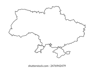 Vector map of Ukraine, a country in Eastern Europe. Detailed black contour, isolated on white background.