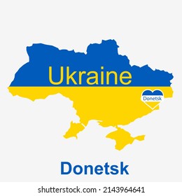 Vector map of Ukraine with Donetsk City, Donetsk Oblast in heart with blue and yellow colors. Art map for any decorative use.