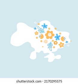 Vektorplan der Ukraine mit Blumen auf blauem Hintergrund. Stoppen Sie das Kriegskonzept, Vektorgrafik. Liebe Ukrainische Illustration. Rette die Ukraine vor Russland.