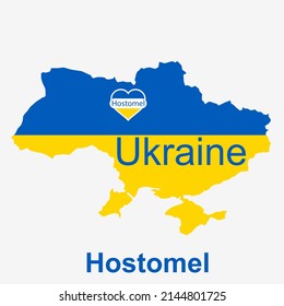 Vector map of Ukraine with Hostomel City, Kyiv Oblast in heart with blue and yellow colors. Art map for any decorative use.