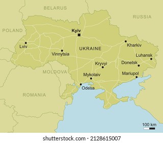 vector map of Ukraine with important cities and roads country geography cartography green blue