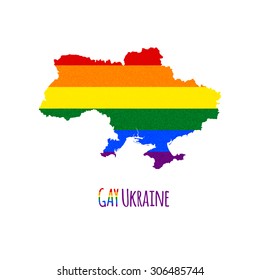 Vector map of Ukraine in LGBT (lesbian, gay, bisexual, and transgender) flag colors and GAY Ukraine caption on white background. Rainbow flag with denim textile texture.