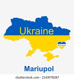 Vector map Ukraine with Mariupol City, Donetsk Oblast in heart with blue and yellow colors. Art map for any decorative use.