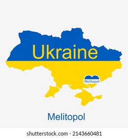 Vector map of Ukraine with Melitopol City, Zaporizhia Oblast, with blue and yellow colors. Art map for any decorative use.