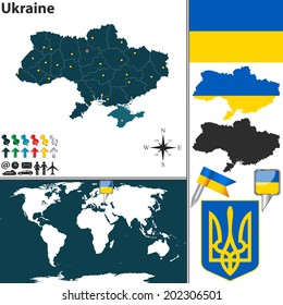 Vector map of Ukraine with regions, coat of arms and location on world map