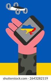 Vector map of Ukraine and territories occupied by Russia in app with drone. State flag. Flat vector illustration.