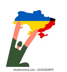Vector map of Ukraine and territories occupied by Russia in boy hands. State flag. Flat vector illustration.