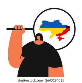 Vector map of Ukraine and territories occupied by Russia searching by girl. State flag. Flat vector illustration.