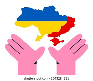 Mapa vetorial da Ucrânia e territórios ocupados pela Rússia em mãos humanas. Bandeira do Estado. Ilustração de vetor plano.