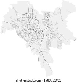 Vector map of Ukrainia city Kyiv (Kiev) with highways and streets, admistrative borders, grey color with white background