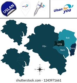 Vector map of Ulsan in South Korea with named districts and travel icons