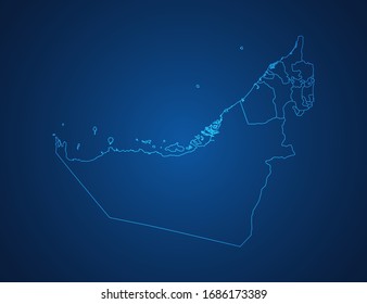 Mapa vectorial de la línea azul abstracta de los Emiratos Árabes Unidos escala sobre fondo oscuro.