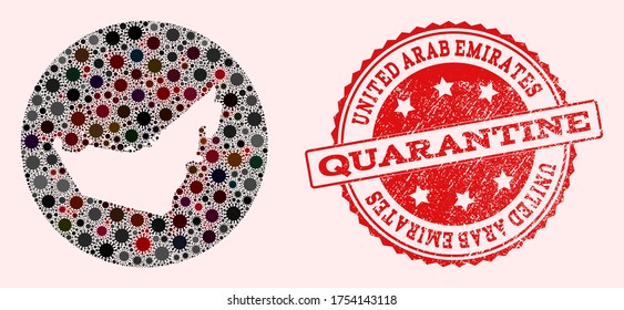 Mapa vectorial del collage de los Emiratos Árabes Unidos del virus SARS y el sello de cuarentena de grunge rojo. Celdas de infección alrededor del territorio de bloqueo desde el espacio.