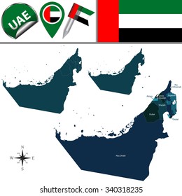 Vector map of United Arab Emirates with named divisions and travel icons