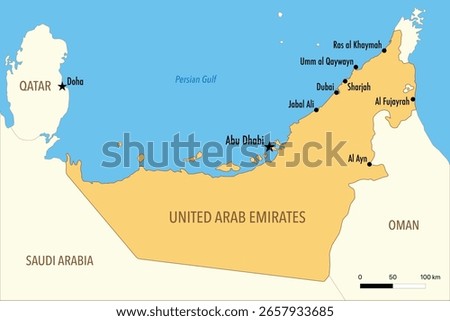 Vector Map of United Arab Emirates with Major Cities and Neighboring Countries	