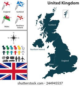 Vector map of United Kingdom with flags