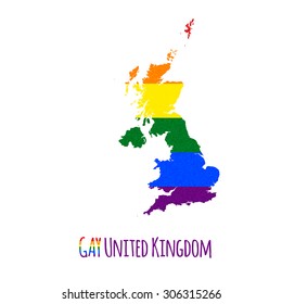 Vector map of United Kingdom in LGBT (lesbian, gay, bisexual, and transgender) flag colors and GAY United Kingdom caption on white background. Rainbow flag with denim textile texture.