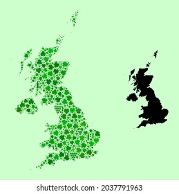 Mapa de vectores del Reino Unido. Mosaico de hojas verdes de uva, botellas de vino. Mapa del mosaico del Reino Unido formado con botellas, bayas, hojas verdes.