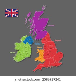 Vector map of United Kingdom with names of cities and with borders city