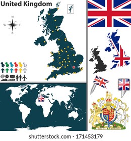 Vector map of United Kingdom with regions, coat of arms and location on world map