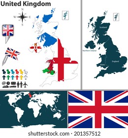 Vector map of United Kingdom with regions with flags and location on world map