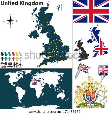 Vector map of United Kingdom with regions, coat of arms and location on world map