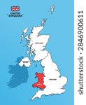Vector map of the United Kingdom showing England, Scotland, Northern Ireland, and Wales highlighted in red