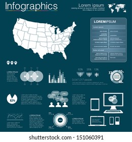 Vector map of United State of America illustration and infographics design template. flat modern style. Easy to edit states. White infographics