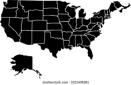 Vector map of United States of America (USA) with states. Black mask. Isolated, white background. 