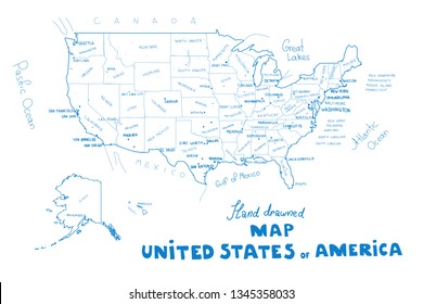 Vector map of United States of America. Blue lines on white background. Hand drawned vector illustration of United States of America map including states borders, names and largest cities.