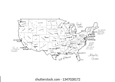Vector map of United States of America. Black lines on white background. Hand drawned vector illustration of United States of America map including states borders, names and largest cities.