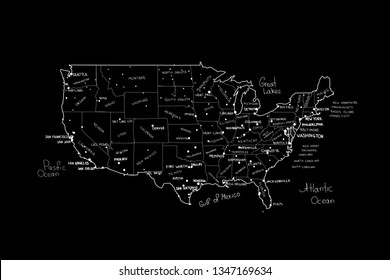 Vector map of United States of America. White lines on black background. Hand drawned vector illustration of United States of America map including states borders, names and largest cities.