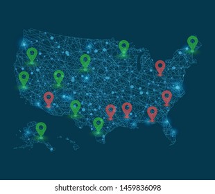 Vector map of United States map of America with glowing points and red and green pointers.