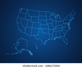 Vector Map Of United States Of America (USA) Abstract Blue Line Scales On Dark Background.