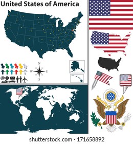 Vector map of United States of America with regions, coat of arms and location on world map